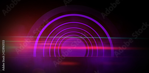 Minimalist, geometric dark abstract background. Empty stage with arch, neon light and smoke. 3d render.