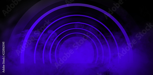 Minimalist, geometric dark abstract background. Empty stage with arch, neon light and smoke. 3d render.