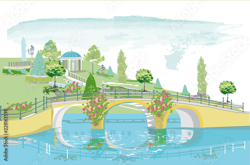 Series of colorful park landscapes with threes, flowers and a bridge. Hand drawn vector illustration.