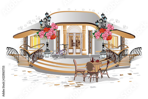 Series of backgrounds decorated with flowers, old town views and street cafes. 