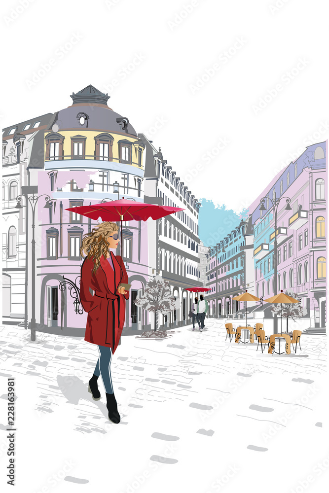 Series of the streets with fashion people in the old city. Beautiful woman in a red coat and an umbrella. 
