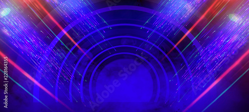 Minimalist  geometric dark abstract background. Empty stage with arch  neon light and smoke. 3d render.