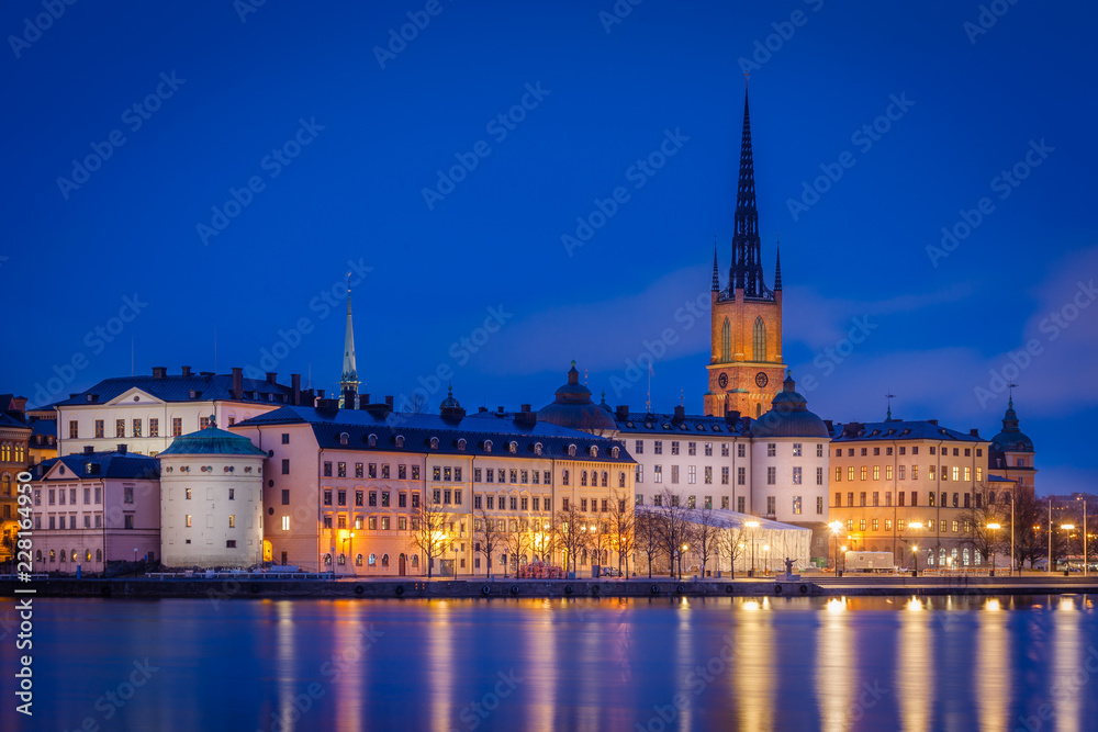 View of the old town by night and the Riddarholmen church, Stockholm, Sweden