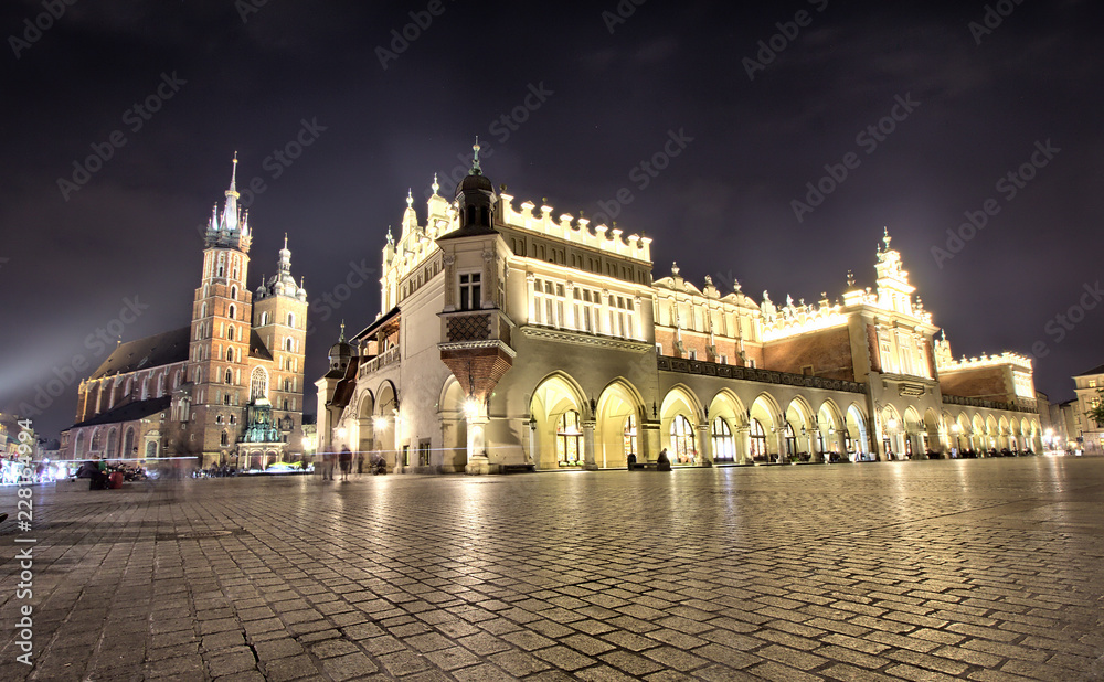 Cloth Hall and St Mary s Church at Main Market Square in Cracow  Poland