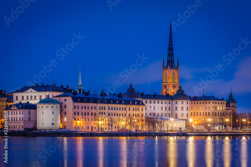 View of the old town by night and the Riddarholmen church  Stockholm  Sweden