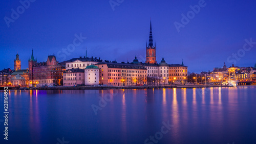Scenic view of the old town by night with Gamla Stan and Riddarholmen islands  Stockholm  Sweden