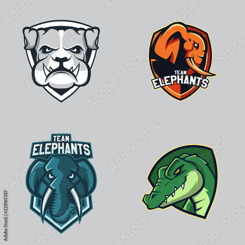 Set of modern professional logo for sport team. Bulldogs elephants alligators mascot Vector symbol on a dark background