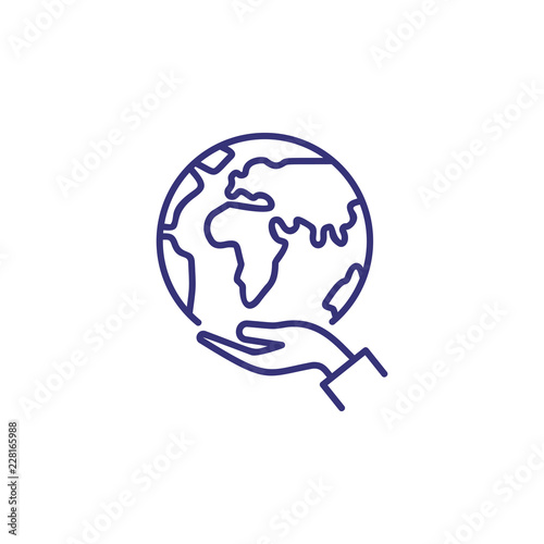 Care of planet line icon. Hand holding globe, ecology, peace. Recycling concept. Vector illustration can be used for topics like protection, ecosystem, travel