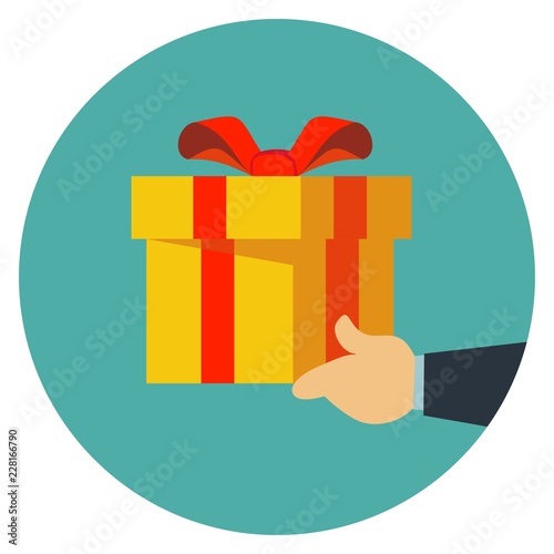 Hand giving gift box to another. Gifting and receiving gift concept. Flat style. Stock flat vector illustration.