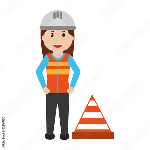 woman constructor employee with traffic cone