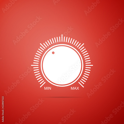 Dial knob level technology settings icon isolated on red background. Volume button, sound control, music knob with number scale, analog regulator. Flat design. Vector Illustration