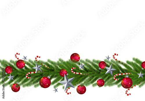 Christmas leaves with a realistic Christmas tree flooring on a red background. Star, ball, perfect for word