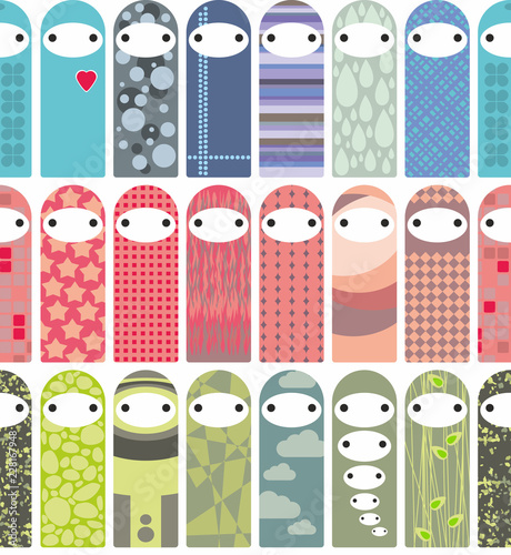 Seamless pattern with cute liyyle dolls in korean kawaii style.