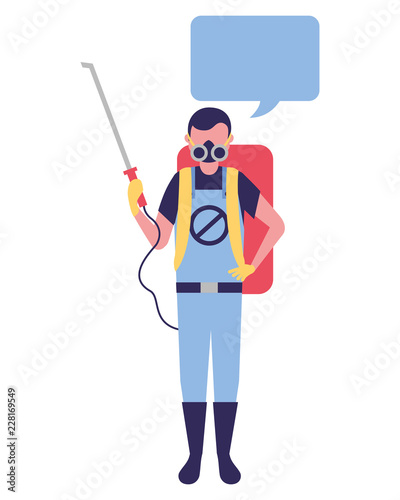 exterminator man with pest machine speech bubble