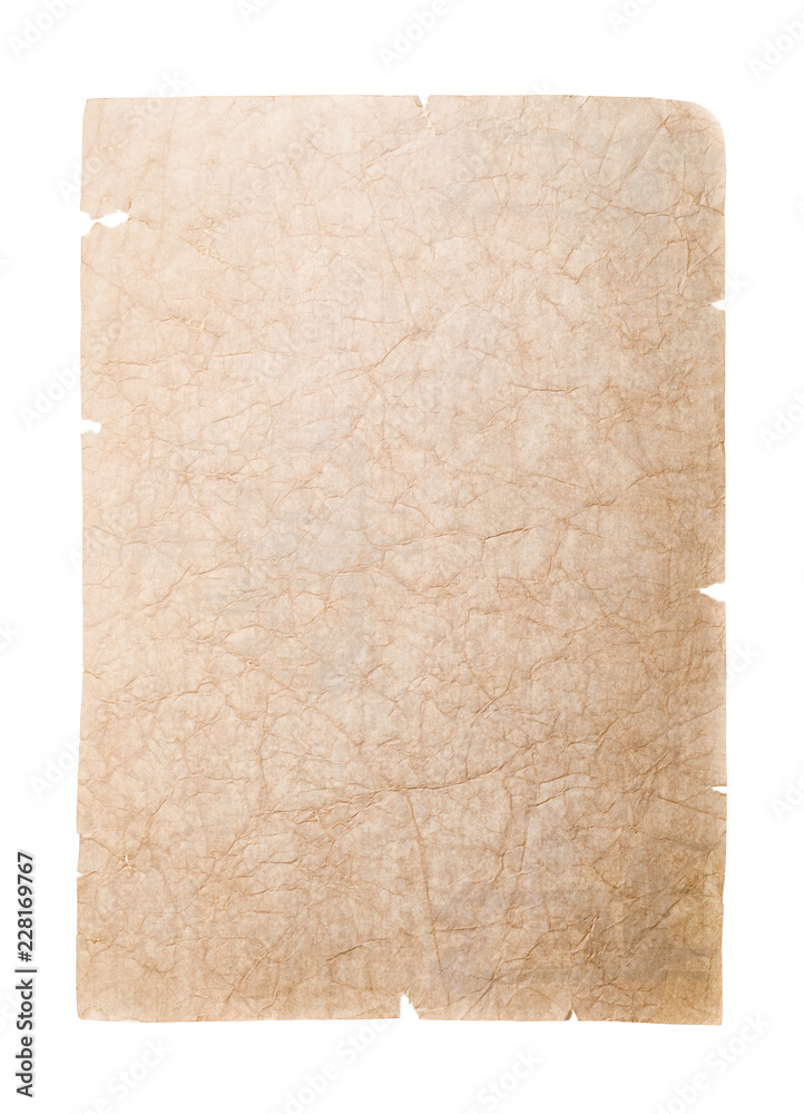 Old battered paper isolated on white background. Blank page for notes