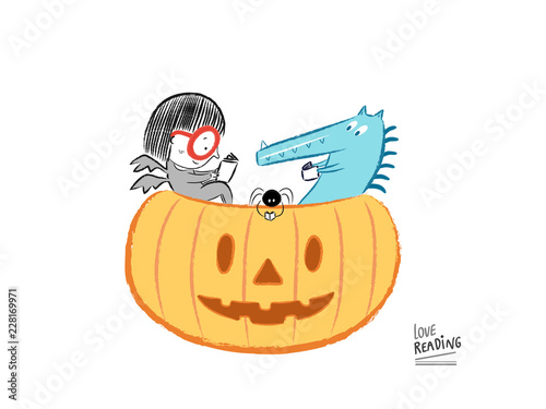 
Love Reading! Little girl reading on Halloween, vector illustration