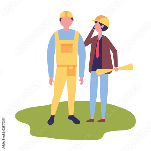 architect man with blueprints and foreman worker