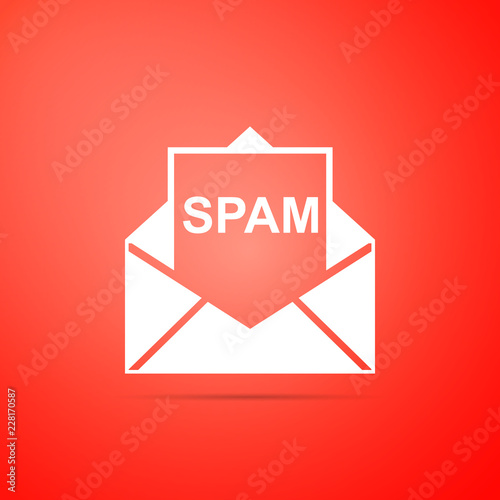 Envelope with spam icon isolated on orange background. Concept of virus, piracy, hacking and security. Flat design. Vector Illustration