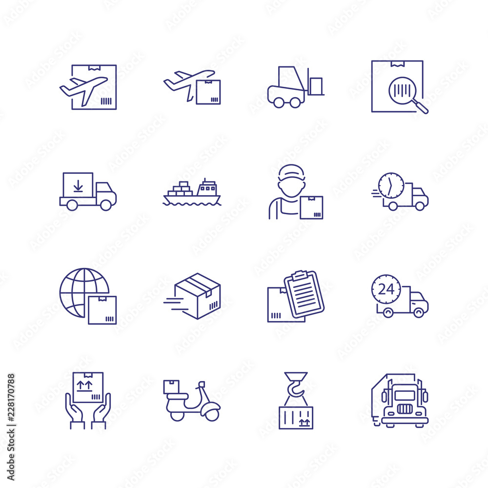 Delivery line icon set. Courier, ship, truck. Shipment concept. Can be used for topics like cargo, mailing, postal service