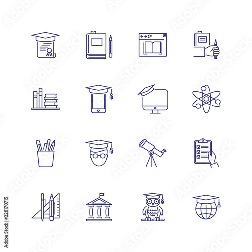 College line icon set. Book, owl, university. Education concept. Can be used for topics like graduation, studying, degree