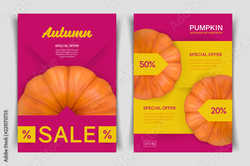 Autumn sale bright pink background. Discount, sale in autumn vegetables. Two-sided vertical flyer of a4 format with realistic pumpkin. Special seasonal offer. Vector illustration. Top view