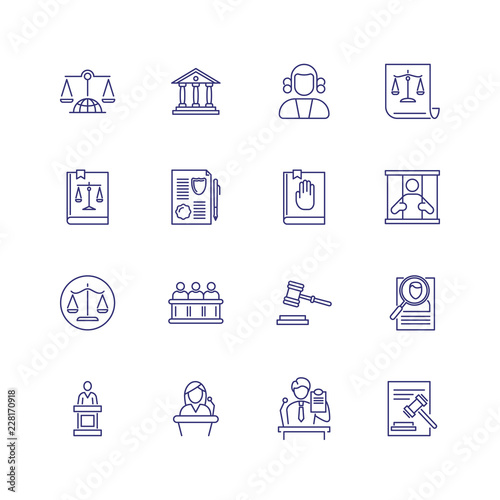 Jurisdiction line icon set. Courthouse, judge gavel, scale. Law concept. Can be used for topics like justice, court, crime
