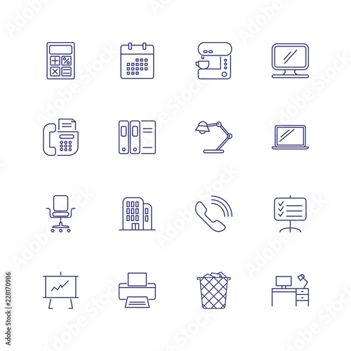 Office equipment line icon set. Calculator, monitor, computer. Work tools concept. Can be used for topics like stationery, facilities, workplace