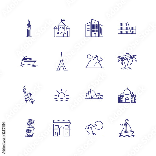 Sights line icon set. Paris, London, New York. Tourism concept. Can be used for topics like vacation, travel, sightseeing