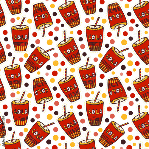 Cola seamless pattern. Birthday Drink print. Cartoon funny background.