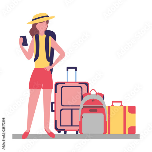 tourist woman with cellphone and luggage