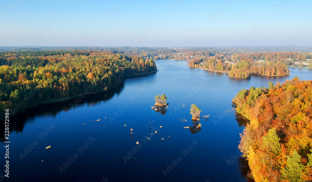 Aerial panorama landscape - Swedish lake in autumn colors