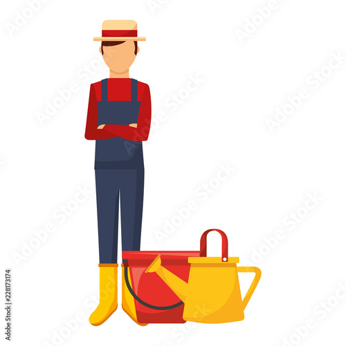 gardener man with watering can and bucket