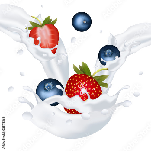 Strawberryes with Blueberry falling in yogurt milk splashes. Strawbery and bilberry Vector realistic label illustration. file eps 10.