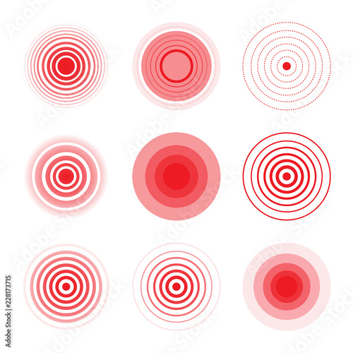 Set of pain red circle or localization mark, aching place sign. Abstract vector symbol of the disease focus.
