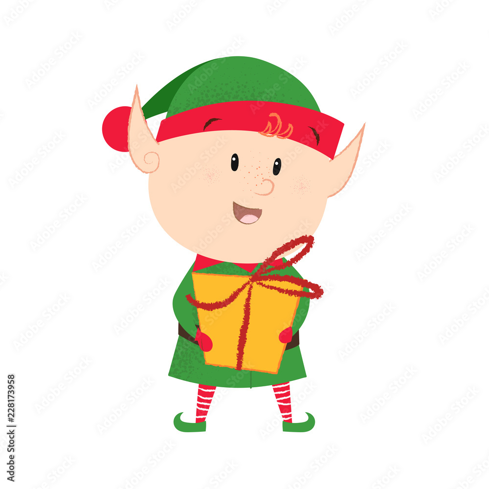 Happy elf holding gift box. Cartoon, Christmas present, assistant. New Year concept. Can be used for greeting cards, posters, leaflets and brochure