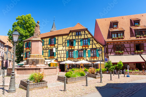 beautiful architecture in Ribeauvillé town, Alsace, France © lukaszimilena