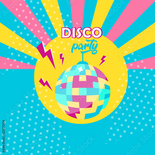 Vector Illustration. Disco ball icon. Disco party poster. Retro style. Background