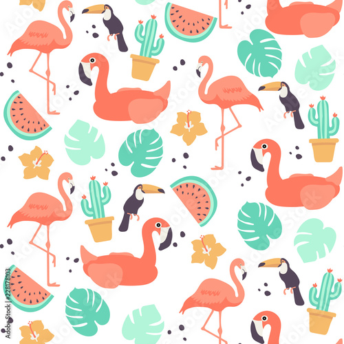 Tropical seamless pattern - summer background design with flamingo, toucan, cactus, watermelon, palm leaf and other summer themed elements