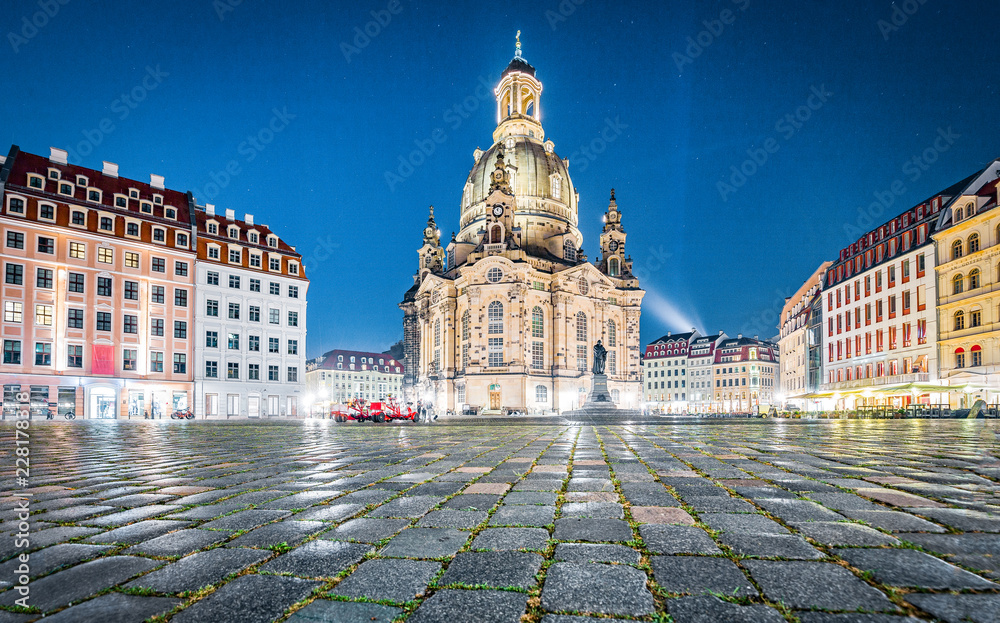 Dresden city center with Frauenkirche at twilight, Saxony, Germany