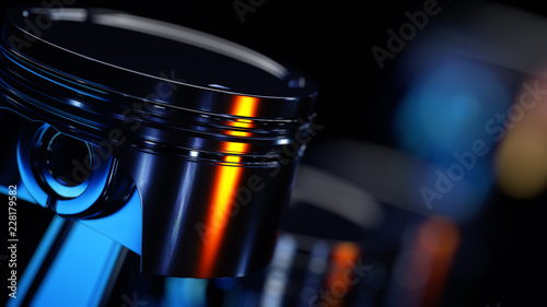 3d illustration of engine. Motor parts as crankshaft, pistons in motion.