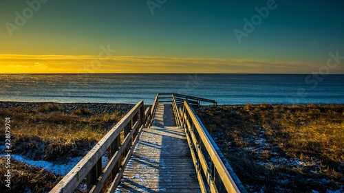 wooden walk at sunrise