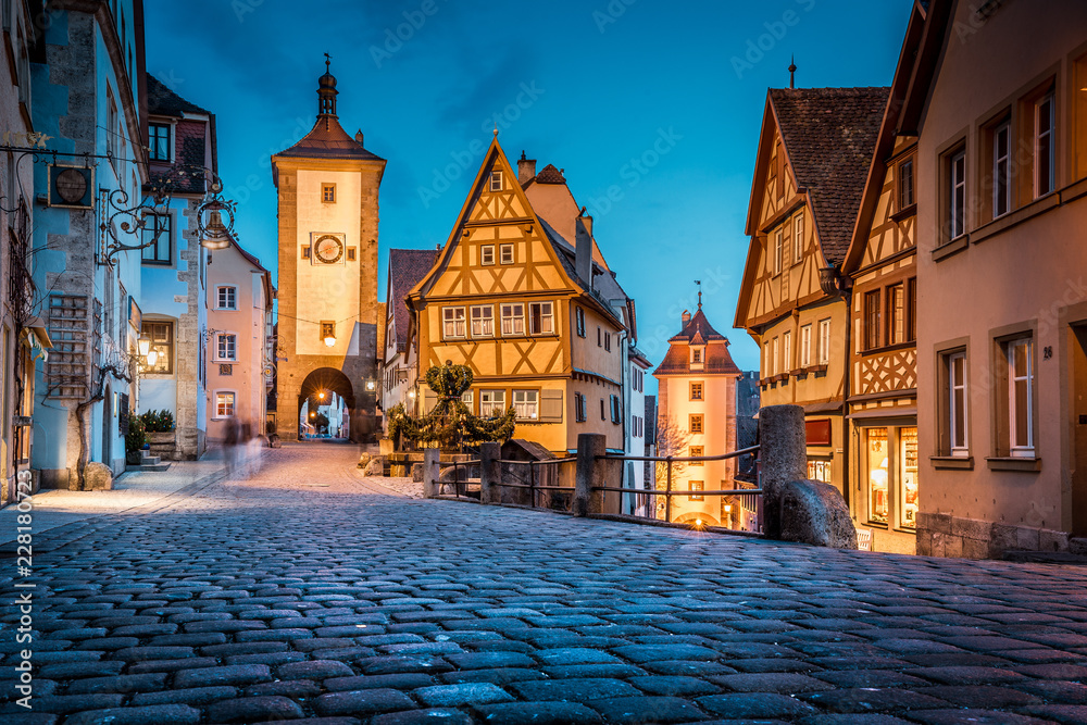 Historic town of Rothenburg ob der Tauber at twilight, Bavaria, Germany
