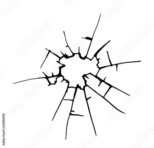 Broken glass, cracks, bullet marks on glass.