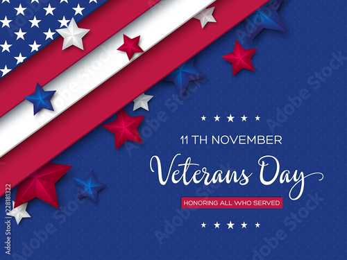 Veterans Day greeting card. 3d stars colors of american flag with greeting text on dotted background. Vector illustration.