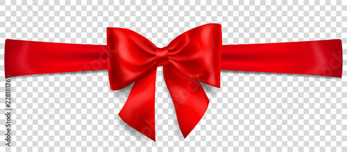 Beautiful red bow with horizontal ribbon with shadow on transparent background