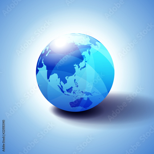 Far East China  Japan  Malaysia  Thailand and Indonesia  Background with Globe Icon 3D illustration  Glossy  Shiny Sphere with Global Map in Subtle Blues giving a transparent feel.