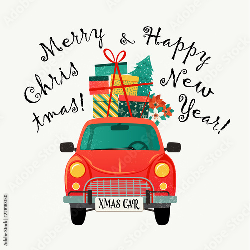 Christmas card. Red retro car with a fir tree and gifts. Vector illustration.