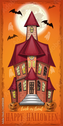Halloween greeting card with an old haunted house. Halloween vertical banner. Vector illustration