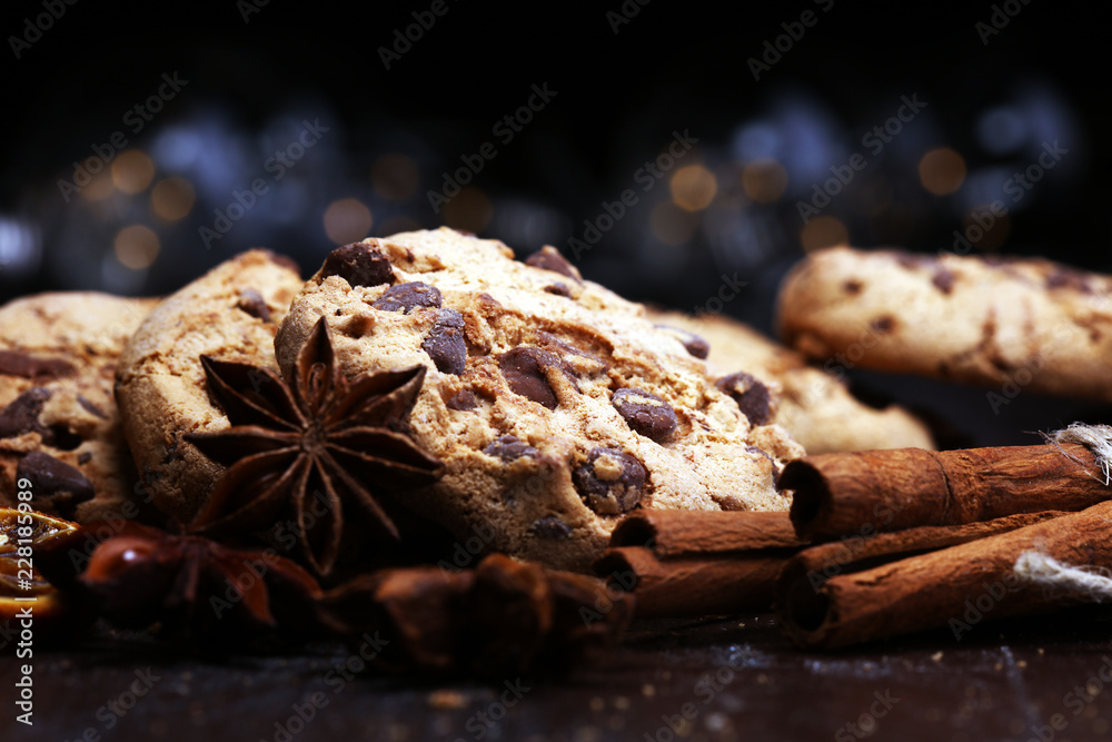 Chocolate cookies on rustic table. Chocolate chip cookies shot Chocolate cookies on rustic table. Chocolate chip cookies shot