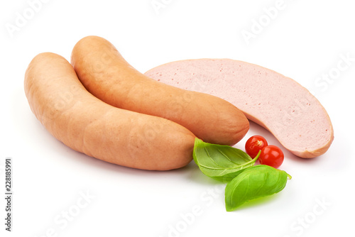 Photography Delicious boiled sausages with basil leaves, isolated on white background
